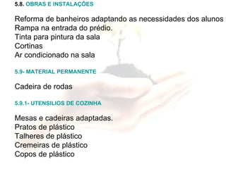 5.8.  OBRAS E INSTALAÇÕES Reforma de banheiros adaptando as necessidades dos alunos Rampa na entrada do prédio. Tinta para pintura da sala Cortinas  Ar condicionado na sala 5.9- MATERIAL PERMANENTE Cadeira de rodas 5.9.1- UTENSILIOS DE COZINHA Mesas e cadeiras adaptadas. Pratos de plástico Talheres de plástico Cremeiras de plástico Copos de plástico 