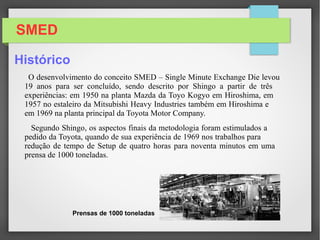 SMED
Histórico
O desenvolvimento do conceito SMED – Single Minute Exchange Die levou
19 anos para ser concluído, sendo descrito por Shingo a partir de três
experiências: em 1950 na planta Mazda da Toyo Kogyo em Hiroshima, em
1957 no estaleiro da Mitsubishi Heavy Industries também em Hiroshima e
em 1969 na planta principal da Toyota Motor Company.
Segundo Shingo, os aspectos finais da metodologia foram estimulados a
pedido da Toyota, quando de sua experiência de 1969 nos trabalhos para
redução de tempo de Setup de quatro horas para noventa minutos em uma
prensa de 1000 toneladas.
Prensas de 1000 toneladas
 