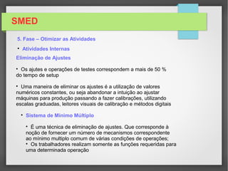 SMED
5. Fase – Otimizar as Atividades

O método de uma volta é uma das maneiras de dinamizar
as atividades internas. Esse método é baseado na idéia
De que a utilização de elementos de fixação, apenas de
uma volta é necessária para proporcionar o aperto ou o
Afrouxamento. Todas as outras voltas são desperdícios.
• Com a utilização de arruela em U, com apenas uma volta
na porca é possível tirar a arruela e consequentemente
Efetuar a troca da peça.

O método da rosca fendida, que ao longo do comprimento
Do parafuso são cortados três sulcos correspondentes a
Fêmea. Para o processo de união, a inserção é realizada por
Meio de alinhamentodo cume da rosca do parafuso com o
sulca da fêmea deslizando o parafuso até a posição e efetuando
o aperto com apenas uma volta.

Atividades Internas
 