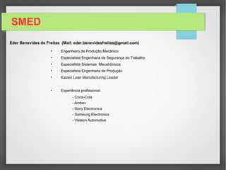 SMED
Shingo Shigeo – A revolution in Manufacturing: The SMED System
http://www.leanproduction.com/smed.html
http://www.leanexpertise.com/ArticlesLX/SMED%20Step%20by%20Step.htm
https://www.youtube.com/watch?v=LqlcBUsr5tE
https://www.youtube.com/watch?v=qoZpnnZbSak
https://www.youtube.com/watch?v=jW-pl4HBxWM
http://www.slideshare.net/trisetyawati/quick-changeover-smed
http://m.tecmundo.com.br/esporte/37844-o-que-acontece-durante-o-pit-stop-de-um-formula-1-ilustracao-.htm
http://www.slideshare.net/lean-sigma/smed-single-manufacturing-exchange-of-die
http://www.slideshare.net/jcfdezmx2/ejemplo-lean-smed-presentation
Referências:
 