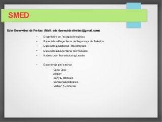 SMED
Eder Benevides de Freitas (Mail: eder.benevidesfreitas@gmail.com)
• Engenheiro de Produção Mecânico
• Especialista Engenharia de Segurança do Trabalho
• Especialista Sistemas Mecatrônicos
• Especialista Engenharia de Produção
• Kaizen Lean Manufacturing Leader
• Experiência profissional:
- Coca-Cola
- Ambev
- Sony Electronics
- Samsung Electronics
- Visteon Automotive
 