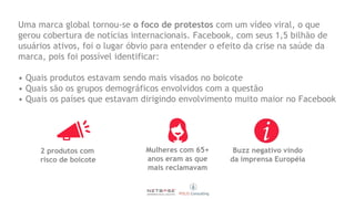 Uma marca global tornou-se o foco de protestos com um vídeo viral, o que
gerou cobertura de notícias internacionais. Facebook, com seus 1,5 bilhão de
usuários ativos, foi o lugar óbvio para entender o efeito da crise na saúde da
marca, pois foi possível identificar:
• Quais produtos estavam sendo mais visados no boicote
• Quais são os grupos demográficos envolvidos com a questão
• Quais os países que estavam dirigindo envolvimento muito maior no Facebook
2 produtos com
risco de boicote
Mulheres com 65+
anos eram as que
mais reclamavam
Buzz negativo vindo
da imprensa Européia
 