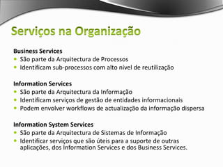 Modelos na OrganizaçãoQue Serviços têm quee devem existir?Que Serviçospara a gestão daInformação ?Que aplicaçõesImplementam e usam que Serviços? Em que Tecnologias seimplementam os Serviços? 