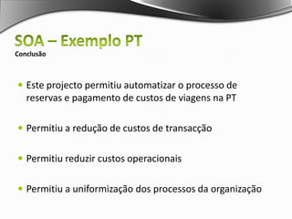 SOA – Exemplo PTArquitectura AplicacionalAplicação WebAplicação Web de comunicação entre as empresas e o banco Envio de ficheiros txt com movimentos bancários a realizar sobre as contas do colaborador (pag salários, pag de adiantamentos)SAP Enterprise Portal 6.0Aplicação de interacção entre a empresa e os colaboradoresESS Registo da reservas de viagem