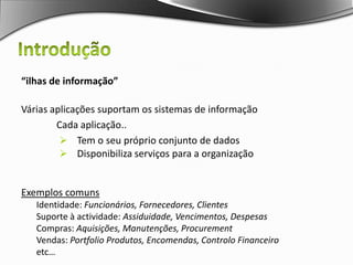 Introdução“ilhas de informação”Várias aplicações suportam os sistemas de informação	Cada aplicação..	Tem o seu próprio conjunto de dados