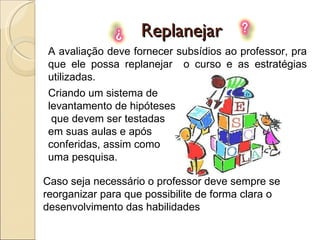 Replanejar A avaliação deve fornecer subsídios ao professor, pra que ele possa replanejar  o curso e as estratégias utilizadas.  Criando um sistema de levantamento de hipóteses  que devem ser testadas em suas aulas e após conferidas, assim como uma pesquisa.  Caso seja necessário o professor deve sempre se reorganizar para que possibilite de forma clara o desenvolvimento das habilidades 