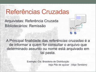 Referências Cruzadas
Arquivistas: Referência Cruzada
Bibliotecários: Remissão


A Principal finalidade das referências cruzadas é a
  de informar a quem for consultar o arquivo que
determinado assunto ou nome está arquivado em
                      tal pasta.

            Exemplo: Cia. Brasileira de Distribuição
  •                             Veja Pão de açúcar (Veja Também)
 