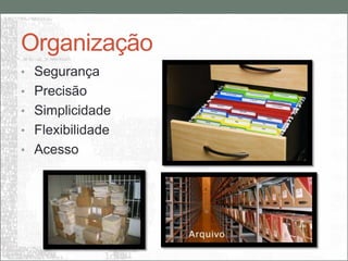 Organização
• Segurança
• Precisão
• Simplicidade
• Flexibilidade
• Acesso
 