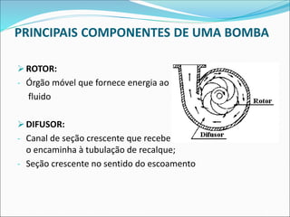 ➢ROTOR:
- Órgão móvel que fornece energia ao
fluido
➢DIFUSOR:
- Canal de seção crescente que recebe o fluido vindo do rotor e
o encaminha à tubulação de recalque;
- Seção crescente no sentido do escoamento
PRINCIPAIS COMPONENTES DE UMA BOMBA
 