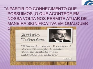 ‘’A PARTIR DO CONHECIMENTO QUE
POSSUIMOS ,O QUE ACONTEÇE EM
NOSSA VOLTA NOS PERMITE ATUAR DE
MANEIRA SIGNIFICATIVA EM QUALQUER
CONTEXTO QUE VIVEMOS.’’
 
