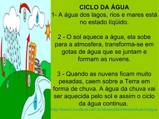 CICLO DA ÁGUA 1- A água dos lagos, rios e mares está no estado líqüido. 2 - O sol aquece a água, ela sobe para a atmosfera, transforma-se em gotas de água que se juntam e formam as nuvens. 3 - Quando as nuvens ficam muito pesadas, caem sobre a Terra em forma de chuva. A água da chuva vai ser aquecida pelo sol e assim o ciclo da água continua.  http://www2.tvcultura.com.br/aloescola/infantis/chuachuagua/ciclo.htm 