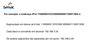 Por exemplo, o endereço IPv4 11000000101010000000001100011000 é:
Segmentado em blocos de 8 bits: 11000000 10101000 00000011 00011000.
Cada bloco é convertido em decimal: 192 168 3 24
Os octetos adjacentes são separados por um ponto: 192.168.3.24.
 