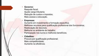 • Governo:
Reajuste fiscal;
Ajuste carga tributaria;
Redução de custos e impostos;
Mais acesso a educação.
• Empresas:
Aumento em investimento e formação especifica;
Melhores recursos para qualificação profissional dos funcionários;
Realocação de recursos;
Melhoria no ambiente de trabalho;
Participação nos lucros e melhores benefícios;
• Cidadãos:
Procura por qualificação profissional;
Mais competitividade;
Aumento na eficiência;
 