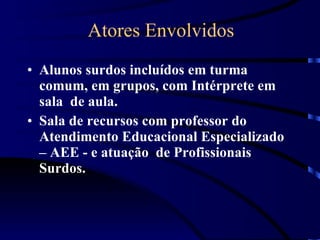 Atores Envolvidos Alunos surdos incluídos em turma comum, em grupos, com Intérprete em sala  de aula.  Sala de recursos com professor do Atendimento Educacional Especializado – AEE - e atuação  de Profissionais Surdos. 