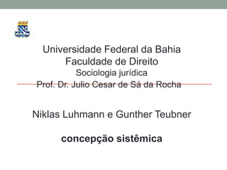 Universidade Federal da Bahia
      Faculdade de Direito
           Sociologia jurídica
Prof. Dr. Julio Cesar de Sá da Rocha


Niklas Luhmann e Gunther Teubner

      concepção sistêmica
 