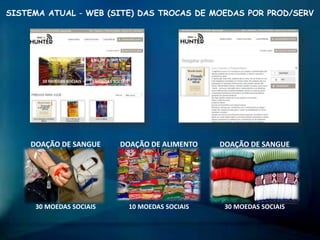 DOAÇÃO DE SANGUE
30 MOEDAS SOCIAIS
DOAÇÃO DE SANGUE
30 MOEDAS SOCIAIS
DOAÇÃO DE ALIMENTO
10 MOEDAS SOCIAIS
SISTEMA ATUAL – WEB (SITE) DAS TROCAS DE MOEDAS POR PROD/SERV
 