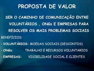 PROPOSTA DE VALOR
SER O CAMINHO DE COMUNICAÇÃO ENTRE
VOLUNTÁRIOS , ONGs E EMPRESAS PARA
RESOLVER OS MAIS PROBLEMAS SOCIAIS
BENEFÍCIOS:
- VOLUNTÁRIOS: MOEDAS SOCIAIS (DESCONTOS)
- ONGs: TRABALHO E RECURSOS VOLUNTARIOS
- EMPRESAS: VISIBILIDADE SOCIAL E CLIENTES
 