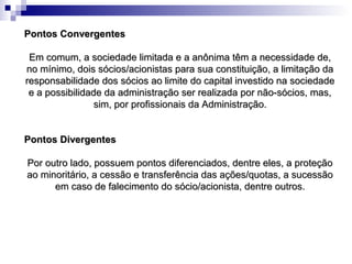 Pontos ConvergentesPontos Convergentes
Em comum, a sociedade limitada e a anônima têm a necessidade de,Em comum, a sociedade limitada e a anônima têm a necessidade de,
no mínimo, dois sócios/acionistas para sua constituição, a limitação dano mínimo, dois sócios/acionistas para sua constituição, a limitação da
responsabilidade dos sócios ao limite do capital investido na sociedaderesponsabilidade dos sócios ao limite do capital investido na sociedade
e a possibilidade da administração ser realizada por não-sócios, mas,e a possibilidade da administração ser realizada por não-sócios, mas,
sim, por profissionais da Administração.sim, por profissionais da Administração.
Pontos DivergentesPontos Divergentes
Por outro lado, possuem pontos diferenciados, dentre eles, a proteçãoPor outro lado, possuem pontos diferenciados, dentre eles, a proteção
ao minoritário, a cessão e transferência das ações/quotas, a sucessãoao minoritário, a cessão e transferência das ações/quotas, a sucessão
em caso de falecimento do sócio/acionista, dentre outros.em caso de falecimento do sócio/acionista, dentre outros.
 