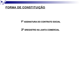 FORMA DE CONSTITUIÇÃOFORMA DE CONSTITUIÇÃO
1º1º ASSINATURA DO CONTRATO SOCIALASSINATURA DO CONTRATO SOCIAL
2º2º SREGISTRO NA JUNTA COMERCIALSREGISTRO NA JUNTA COMERCIAL
 