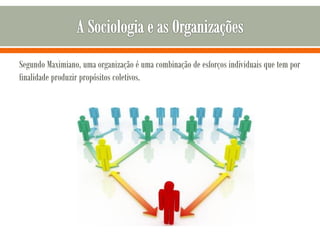 Segundo Maximiano, uma organização é uma combinação de esforços individuais que tem por
finalidade produzir propósitos coletivos.
 