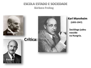 Karl Mannheim
(1893-1947)
Parsons
Durkheim
Crítica:
Sociólogo judeu
nascido
na Hungria.
 