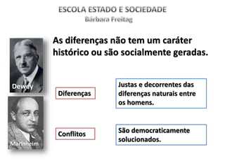 Dewey
Mannheim
As diferenças não tem um caráter
histórico ou são socialmente geradas.
Diferenças
Justas e decorrentes das
diferenças naturais entre
os homens.
Conflitos São democraticamente
solucionados.
 