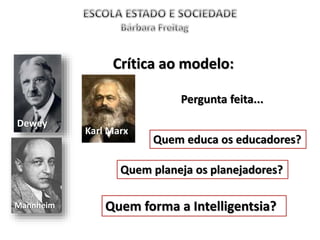 Dewey
Mannheim
Crítica ao modelo:
Karl Marx
Pergunta feita...
Quem educa os educadores?
Quem planeja os planejadores?
Quem forma a Intelligentsia?
 