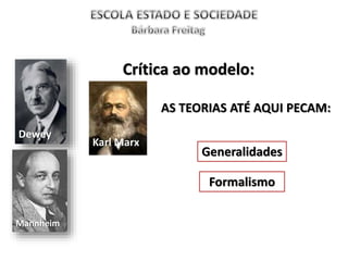 Dewey
Mannheim
Crítica ao modelo:
Karl Marx
AS TEORIAS ATÉ AQUI PECAM:
Generalidades
Formalismo
 