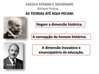 AS TEORIAS ATÉ AQUI PECAM:
Parsons
Durkheim
Negam a dimensão histórica.
A concepção do homem histórico.
A dimensão inovadora e
emancipatória da educação.
 