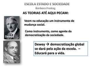 AS TEORIAS ATÉ AQUI PECAM:
Dewey
Mannheim
Veem na educação um instrumento de
mudança social.
Como instrumento, como agente da
democratização da sociedade.
Dewey  democratização global
se dará pela ação da escola. –
Educará para a vida.
 