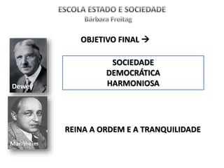 OBJETIVO FINAL 
Dewey
Mannheim
SOCIEDADE
DEMOCRÁTICA
HARMONIOSA
REINA A ORDEM E A TRANQUILIDADE
 