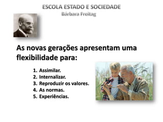 As novas gerações apresentam uma
flexibilidade para:
1. Assimilar.
2. Internalizar.
3. Reproduzir os valores.
4. As normas.
5. Experiências.
 