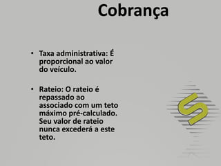 Rateio: O rateio é repassado ao associado com um teto máximo pré-calculado. Seu valor de rateio nunca excederá a este teto.Valor máximo de mensalidadeAutomóveis