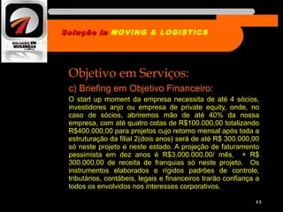 Objetivo em Serviços:
c) Briefing em Objetivo Financeiro:
O start up moment da empresa necessita de até 4 sócios,
investidores anjo ou empresa de private equity, onde, no
caso de sócios, abriremos mão de até 40% da nossa
empresa, com até quatro cotas de R$100.000,00 totalizando
R$400.000,00 para projetos cujo retorno mensal após toda a
estruturação da filial 2(dois anos) será de até R$ 300.000,00
só neste projeto e neste estado. A projeção de faturamento
pessimista em dez anos é R$3.000.000,00/ mês, + R$
300.000,00 de receita de franquias só neste projeto. Os
instrumentos elaborados e rígidos padrões de controle,
tributários, contábeis, legais e financeiros trarão confiança a
todos os envolvidos nos interesses corporativos.
11
Solução inSolução in MOVING & LOGISTICS
Nome da empresa
 