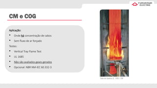 CM e COG
Aplicação:
 Onde há concentração de cabos
 Sem fluxo de ar forçado
Testes:
 Vertical Tray Flame Test
 UL 1685
 Não são avaliados gases gerados
 Opcional: NBR NM-IEC 60.332-3
 