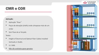 CMR e COR
Aplicação:
 Aplicação “Riser”
 Poços de elevação (shafts) onde ultrapasse mais de um
andar
 Sem fluxo de ar forçado
Testes:
 Height of Electrical and Optical-Fiber Cables Installed
Vertically in Shafts
 UL 1666
 Não são avaliados gases gerados
 