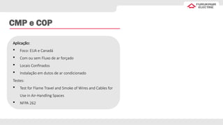 CMP e COP
Aplicação:
 Foco: EUA e Canadá
 Com ou sem Fluxo de ar forçado
 Locais Confinados
 Instalação em dutos de ar condicionado
Testes:
 Test for Flame Travel and Smoke of Wires and Cables for
Use in Air-Handling Spaces
 NFPA 262
 