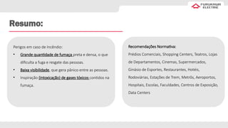 Resumo:
Perigos em caso de Incêndio:
• Grande quantidade de fumaça preta e densa, o que
dificulta a fuga e resgate das pessoas.
• Baixa visibilidade, que gera pânico entre as pessoas.
• Inspiração (intoxicação) de gases tóxicos contidos na
fumaça.
Recomendações Normativa:
Prédios Comerciais, Shopping Centers, Teatros, Lojas
de Departamentos, Cinemas, Supermercados,
Ginásio de Esportes, Restaurantes, Hotéis,
Rodoviárias, Estações de Trem, Metrôs, Aeroportos,
Hospitais, Escolas, Faculdades, Centros de Exposição,
Data Centers
 