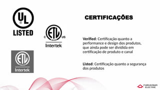 Verified: Certificação quanto a
performance e design dos produtos,
que ainda pode ser dividida em
certificação de produto e canal
Listed: Certificação quanto a segurança
dos produtos
CERTIFICAÇÕES
 