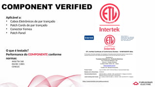 Aplicável a:
• Cabos Eletrônicos de par trançado
• Patch Cords de par trançado
• Conector Femea
• Patch Panel
O que é testado?
Performance do COMPONENTE conforme
normas:
ANSI/TIA 568
ISO/IEC 11801
CENELEC
https://www.intertek.com/cabling-products/
COMPONENT VERIFIED
 