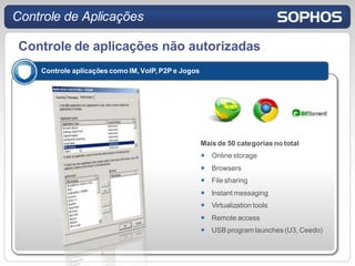 Controle de Aplicações

 Controle de aplicações não autorizadas
    Controle aplicações como IM, VoIP, P2P e Jogos




                                                     Mais de 50 categorias no total
                                                        Online storage
                                                        Browsers
                                                        File sharing
                                                        Instant messaging
                                                        Virtualization tools
                                                        Remote access
                                                        USB program launches (U3, Ceedo)
 