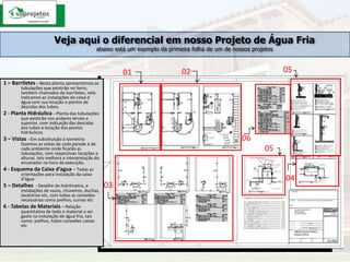 Veja aqui o diferencial em nosso Projeto de Água Friaabaixo está um exemplo da primeira folha de um de nossos projetos0502011 – Barriletes– Nesta planta apresentamos as tubulações que existirão no forro, também chamados de barriletes, nela indicamos as instalações da caixa d água com sua locação e pontos de descidas dos tubos.2 - Planta Hidráulica – Planta das tubulações que existirão nos andares térreo e superior, com indicação das descidas dos tubos e locação dos pontos hidráulicos.3 – Vistas – Em substituição à isometria fazemos as vistas de cada parede e de cada ambiente onde ficarão as tubulações, com respectivas locações e alturas. Isto melhora a interpretação do encanador na hora da execução.4 - Esquema da Caixa d’agua– Todas as orientações para instalação da caixa d’água5 – Detalhes  - Detalhe do hidrômetro, e instalações de vasos, chuveiros, duchas, lavatórios etc, com todas as conexões necessárias como joelhos, curvas etc6 - Tabelas de Materiais – Relação quantitativa de todo o material a ser gasto na instalação de água fria, tais como: joelhos, tubos conexões caixas etc06050403