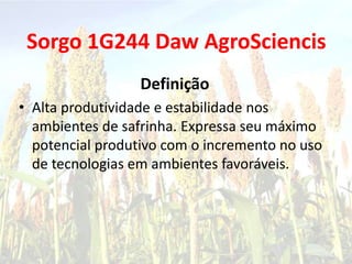Sorgo 1G244 Daw AgroSciencis
Definição
• Alta produtividade e estabilidade nos
ambientes de safrinha. Expressa seu máximo
potencial produtivo com o incremento no uso
de tecnologias em ambientes favoráveis.
 