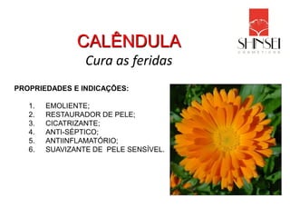 CALÊNDULA
                 Cura as feridas
PROPRIEDADES E INDICAÇÕES:

   1.   EMOLIENTE;
   2.   RESTAURADOR DE PELE;
   3.   CICATRIZANTE;
   4.   ANTI-SÉPTICO;
   5.   ANTIINFLAMATÓRIO;
   6.   SUAVIZANTE DE PELE SENSÍVEL.
 