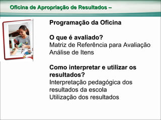 Oficina de Apropriação de Resultados – Programação da Oficina O que é avaliado? Matriz de Referência para Avaliação Análise de Itens Como interpretar e utilizar os resultados? Interpretação pedagógica dos resultados da escola Utilização dos resultados 