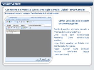 Gestão ContábilConhecendo o Processo ECD: Escrituração Contábil Digital – SPED ContábilParametrizando o sistema Gestão Contábil – RM SaldusOutras Inscrições Cadastrais - continuandoExistindo mais de uma filial numa mesma UF, fica a critério do empresário/sociedade empresária informar mais de uma. Observação: Este registro é obrigatório , caso a empresa não possua inscrição cadastral em alguma entidade deve-se vincular o registro à Instituição  de código  “00” – Sem inscrição Cadastral em outra entidade .