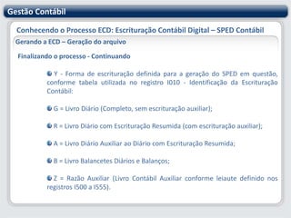 Gestão ContábilConhecendo o Processo ECD: Escrituração Contábil Digital – SPED ContábilGerando a ECD – Geração do arquivo Forma de Escrituração - Continuando** Ver mais detalhes no Manual do SPED Contábil (Receita Federal) e HELP do sistema.Observação: Se a empresa trabalha com apuração trimestral, deve-se informar os 4 históricos de fechamento que foram utilizados no encerramento das contas contábeis (Transferência de Grupos Contábeis). Cada período de apuração deve utilizar um histórico, um mesmo histórico de fechamento não pode ser utilizado em mais de um período de apuração.