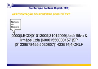 Escrituração Contábil Digital (ECD)
Objetivos e vantagens
|0000|LECD|01012009|31012009|José Silva &
Número
do
Registro
APRESENTAÇÃO DO REGISTRO 0000 EM TXTAPRESENTAÇÃO DO REGISTRO 0000 EM TXT
|0000|LECD|01012009|31012009|José Silva &
Irmãos Ltda |60001556000157 |SP
|01238578455|5030807|1423514|4|CRLF
 
