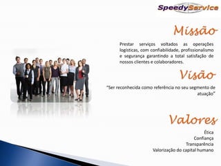 Prestar serviços voltados as operações
      logísticas, com confiabilidade, profissionalismo
      e segurança garantindo a total satisfação de
      nossos clientes e colaboradores.




“Ser reconhecida como referência no seu segmento de
                                           atuação”




                                                Ética
                                           Confiança
                                      Transparência
                      Valorização do capital humano
 