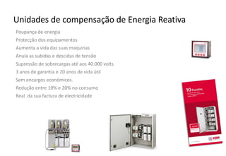 Unidades de compensação de Energia Reativa
Poupança de energia
Protecção dos equipamentos
Aumenta a vida das suas maquinas
Anula as subidas e descidas de tensão
Supressão de sobrecargas até aos 40.000 volts
3 anos de garantia e 20 anos de vida útil
Sem encargos económicos.
Redução entre 10% e 20% no consumo
Real da sua factura de electricidade
 